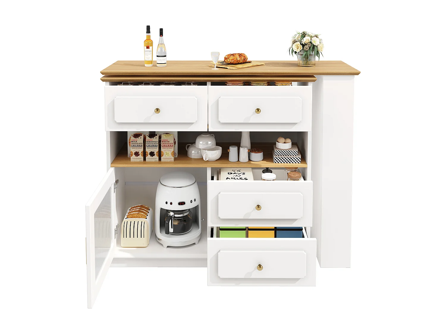 Mueble bar giratorio con 1 puerta de cristal, 1 nicho y 4 cajones, cuerpo blanco, estantes incluidos - 181x39x104,5cm