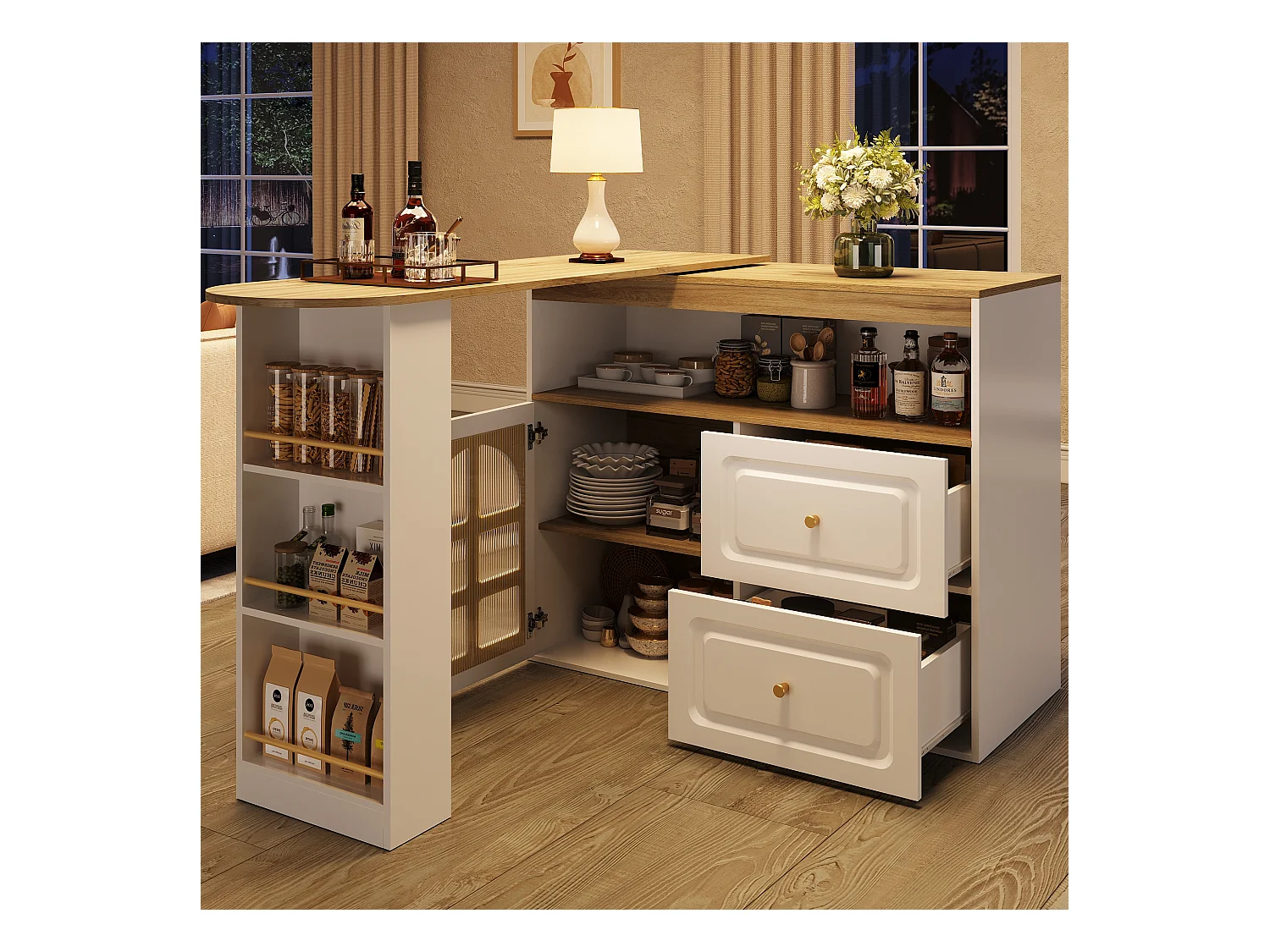Meuble de bar pivotant avec 1 porte en verre, 1 niche et 2 tiroirs, corps blanc, étagères inclus - 204x39x104cm
