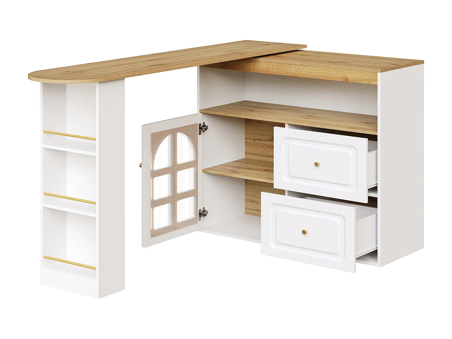 Meuble de bar pivotant avec 1 porte en verre, 1 niche et 2 tiroirs, corps blanc, étagères inclus - 204x39x104cm