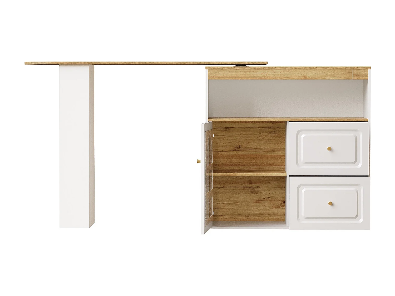 Meuble de bar pivotant avec 1 porte en verre, 1 niche et 2 tiroirs, corps blanc, étagères inclus - 204x39x104cm