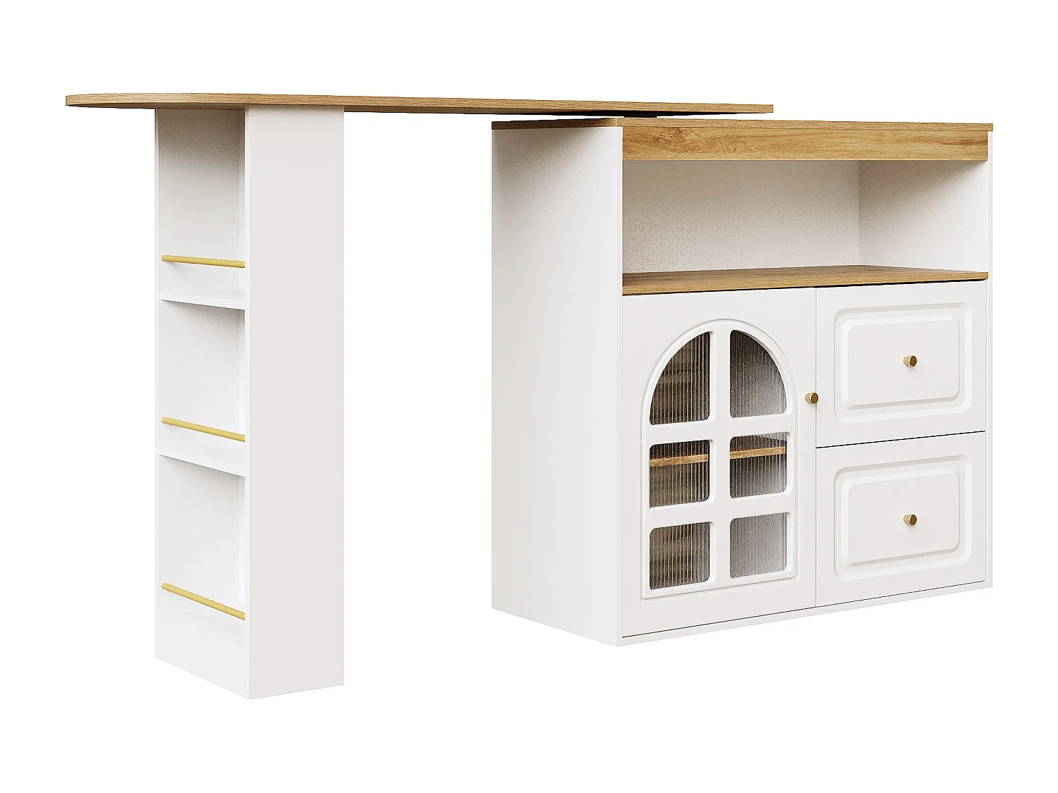 Meuble de bar pivotant avec 1 porte en verre, 1 niche et 2 tiroirs, corps blanc, étagères inclus - 204x39x104cm