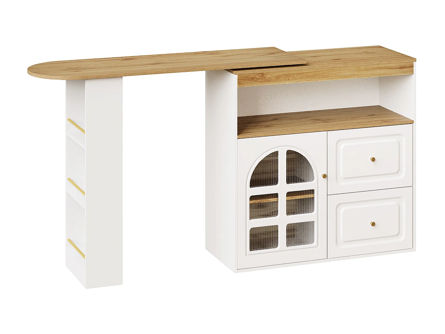 Meuble de bar pivotant avec 1 porte en verre, 1 niche et 2 tiroirs, corps blanc, étagères inclus - 204x39x104cm