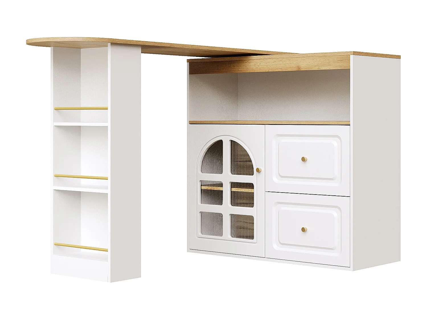 Meuble de bar pivotant avec 1 porte en verre, 1 niche et 2 tiroirs, corps blanc, étagères inclus - 204x39x104cm