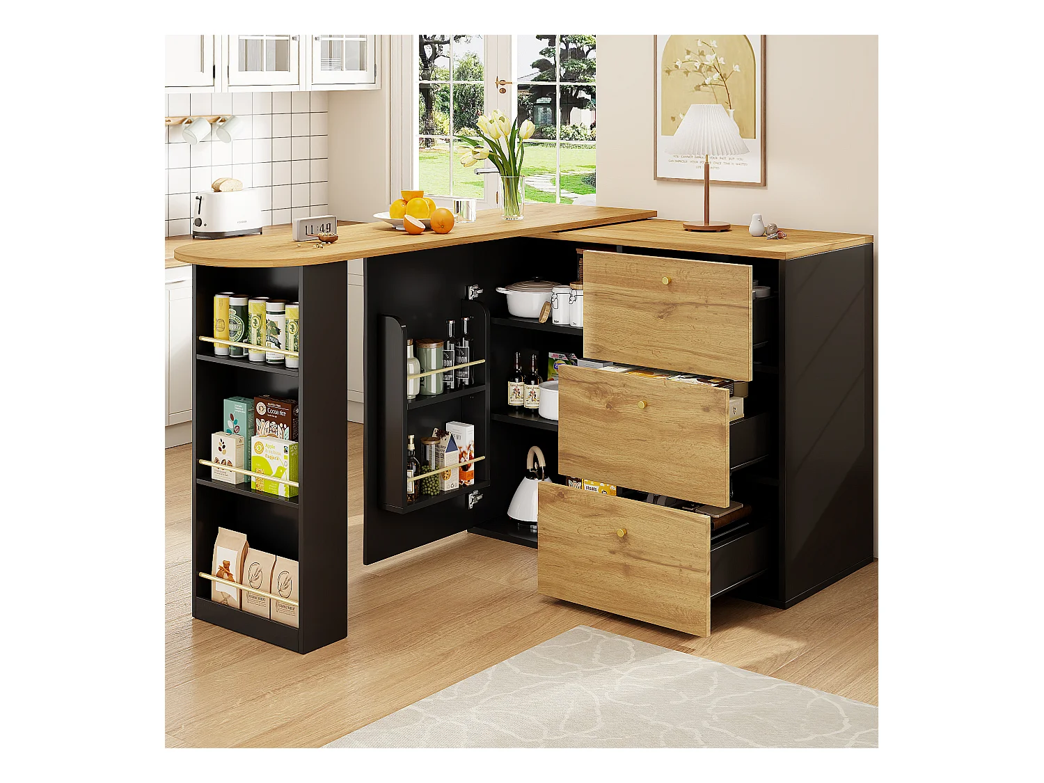 Meuble de bar pivotant avec 1 porte et 3 tiroirs, étagère latérale à trois niveaux inclus, noir et naturel clair - 204x39x104cm
