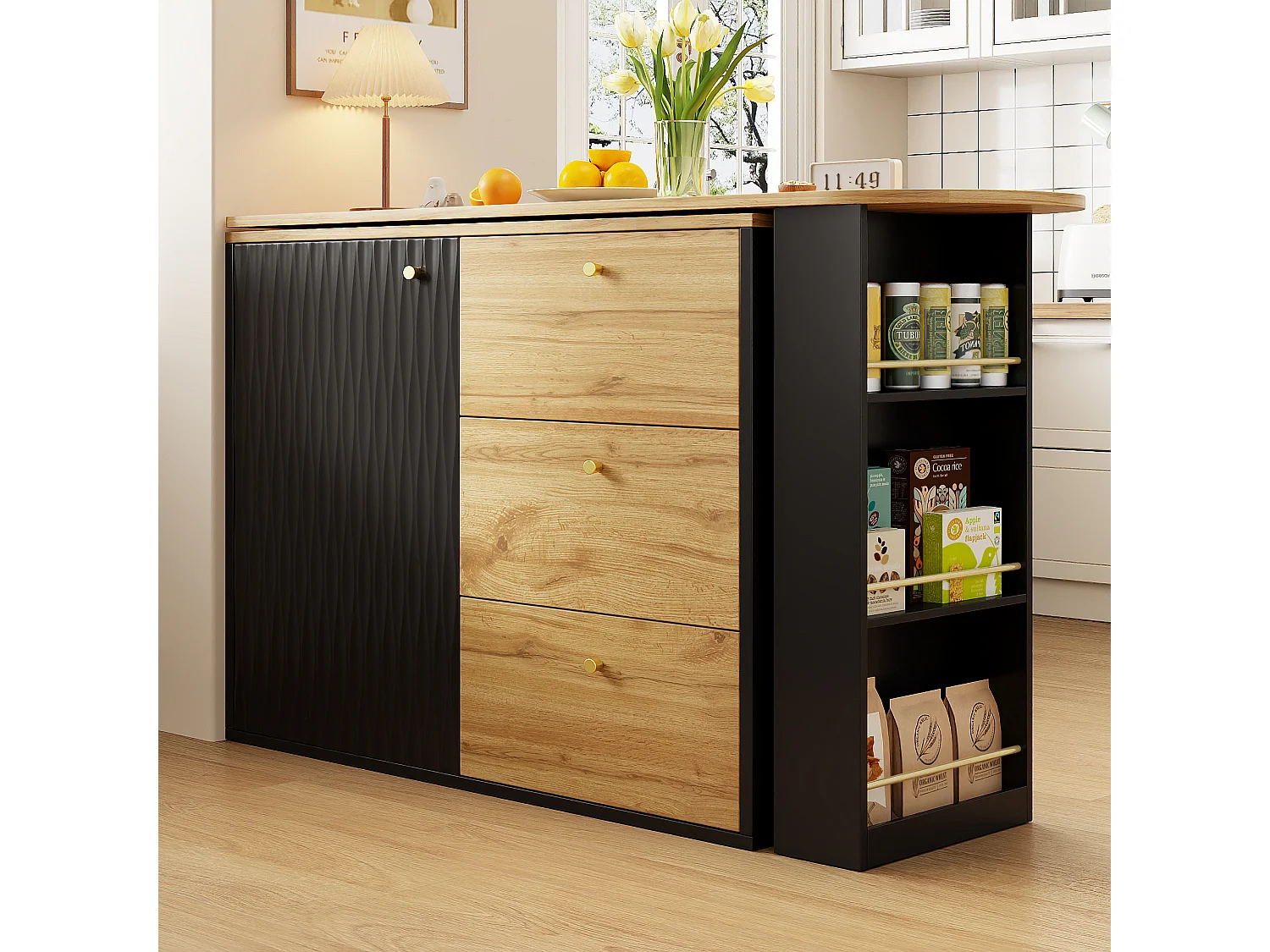 Draaibare barkast met 1 deur en 3 laden, inclusief drielaags zijplank, zwart en licht naturel - 204x39x104cm