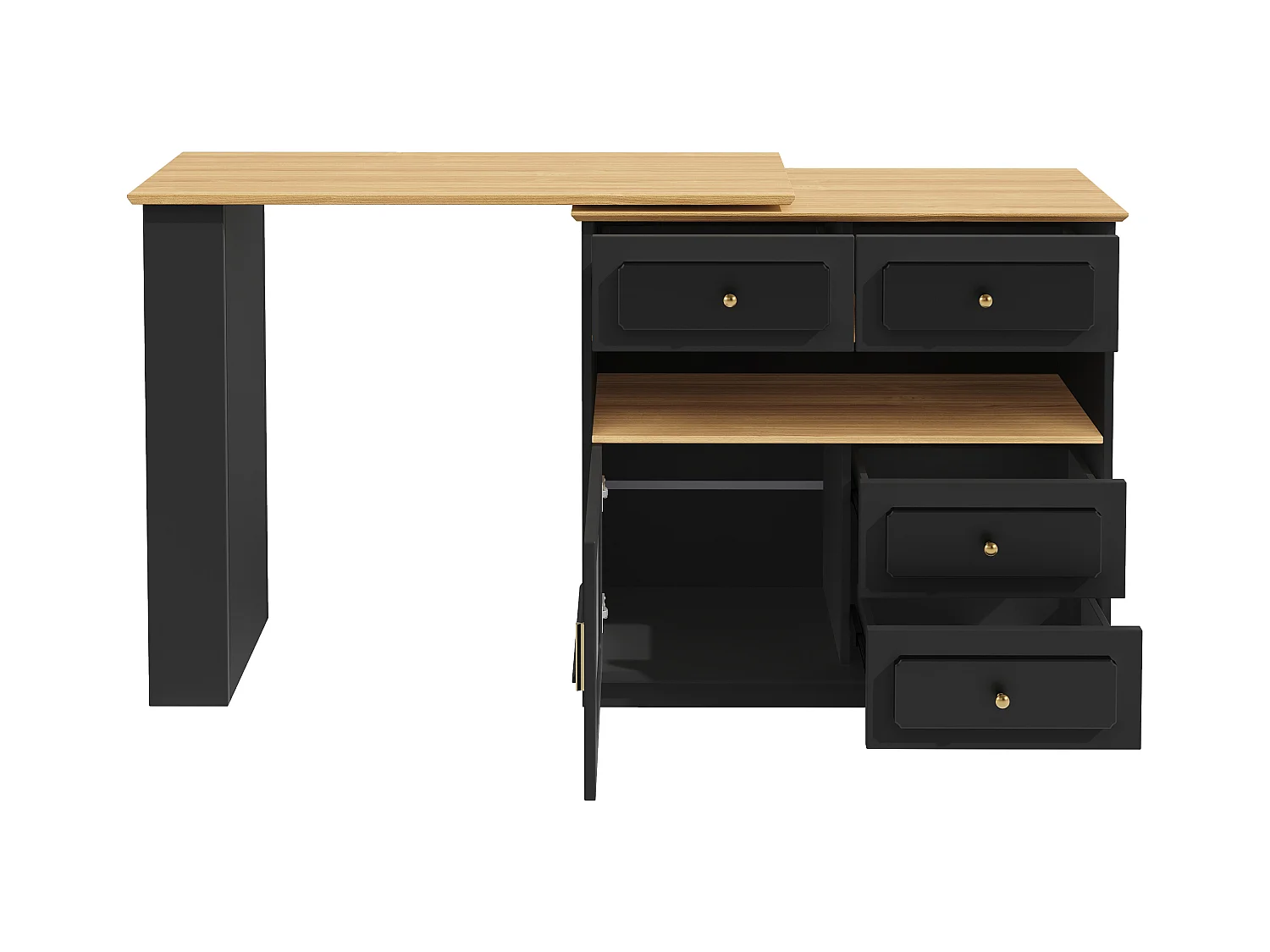 Meuble de bar pivotant avec 1 porte en verre, 1 niche et 4 tiroirs, corps noir, étagères inclus - 181x39x104.5cm