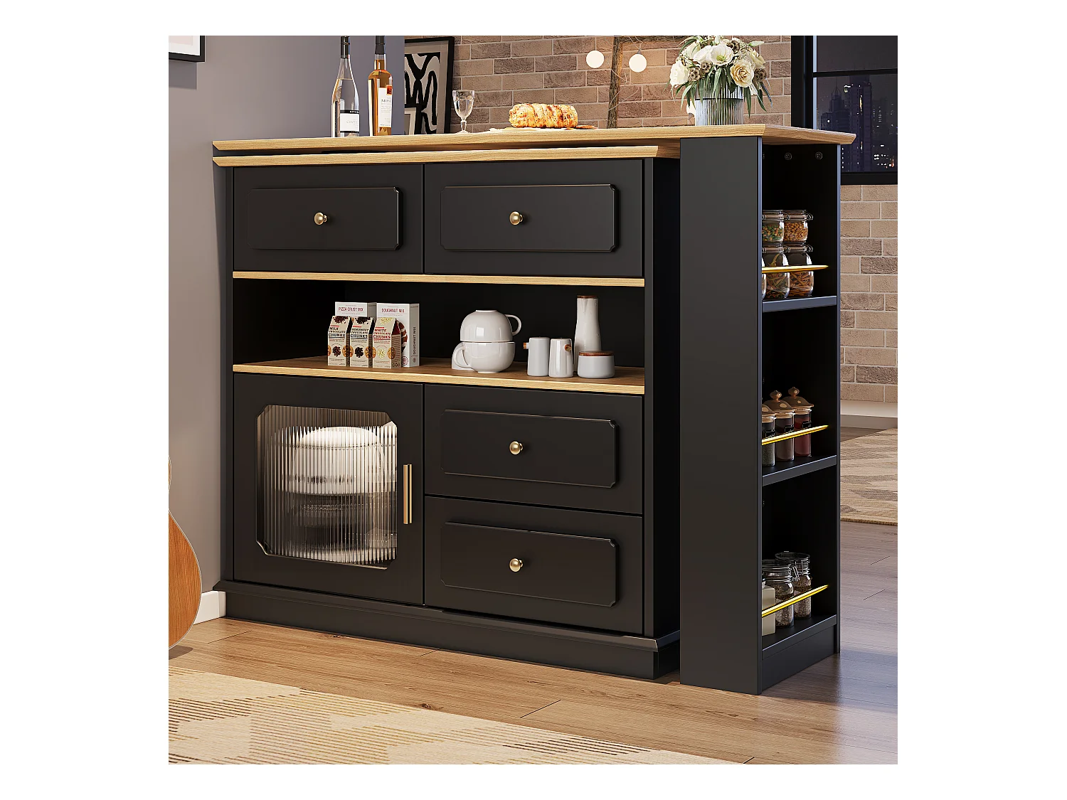 Meuble de bar pivotant avec 1 porte en verre, 1 niche et 4 tiroirs, corps noir, étagères inclus - 181x39x104.5cm