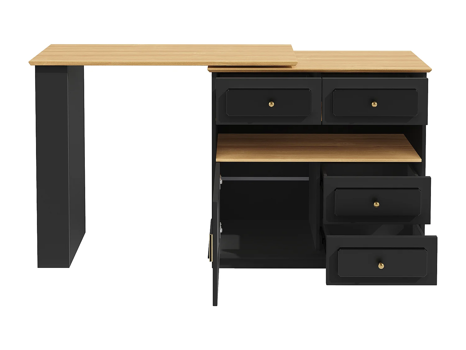 Meuble de bar pivotant avec 1 porte en verre, 1 niche et 4 tiroirs, corps noir, étagères inclus - 181x39x104.5cm