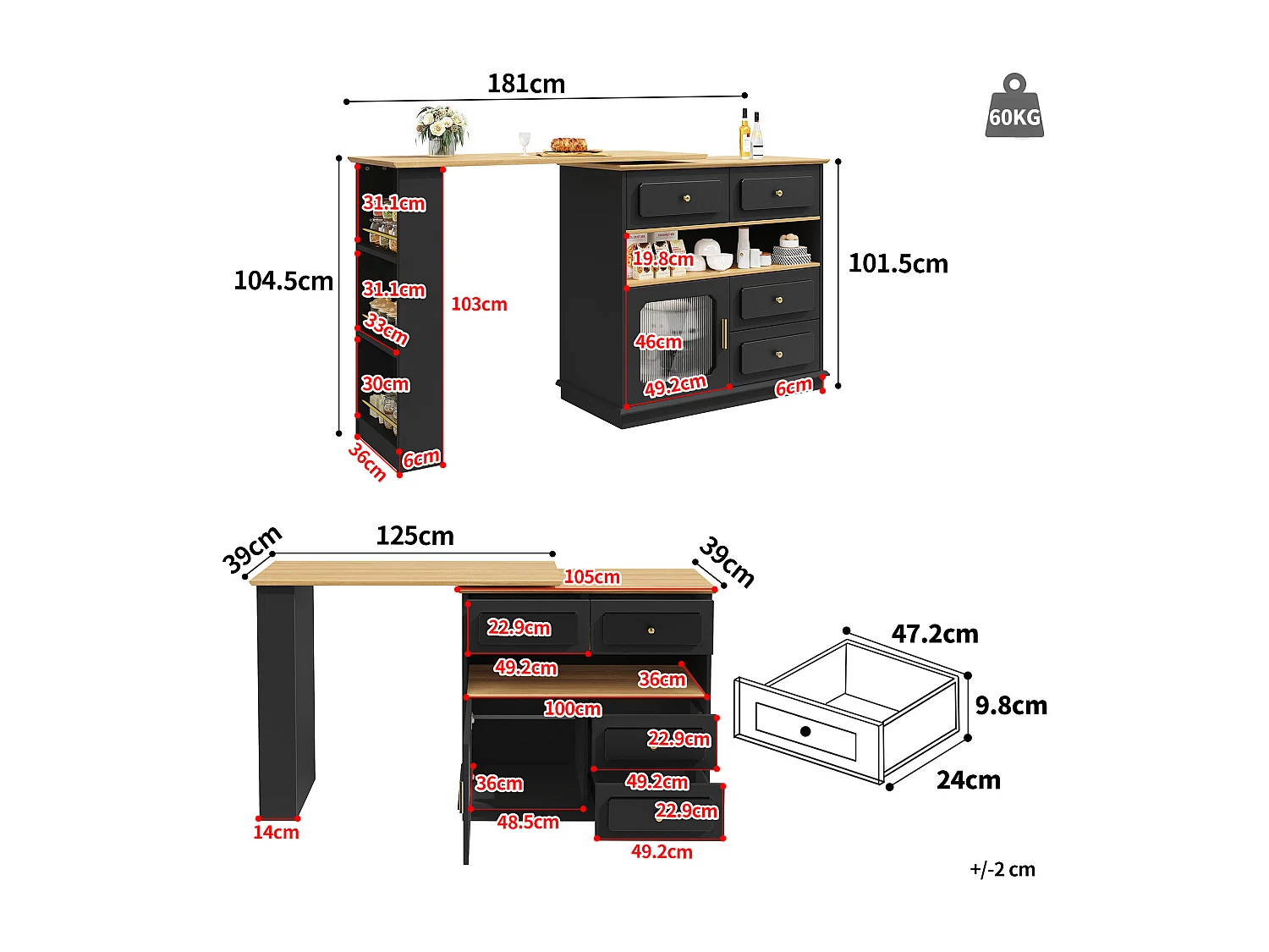 Meuble de bar pivotant avec 1 porte en verre, 1 niche et 4 tiroirs, corps noir, étagères inclus - 181x39x104.5cm