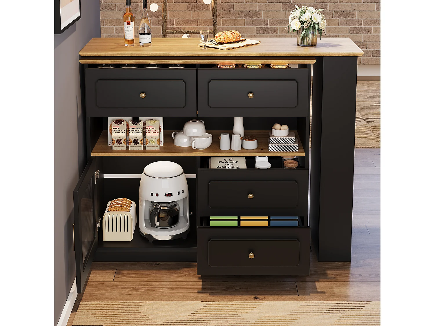 Meuble de bar pivotant avec 1 porte en verre, 1 niche et 4 tiroirs, corps noir, étagères inclus - 181x39x104.5cm