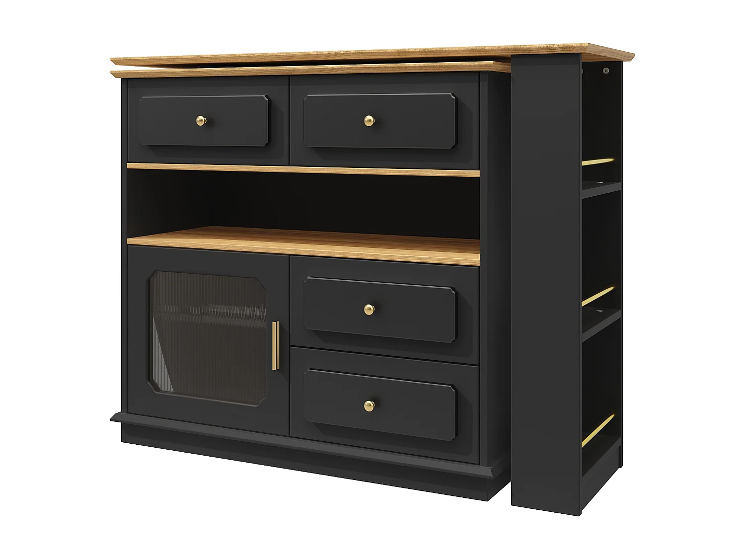 Meuble de bar pivotant avec 1 porte en verre, 1 niche et 4 tiroirs, corps noir, étagères inclus - 181x39x104.5cm