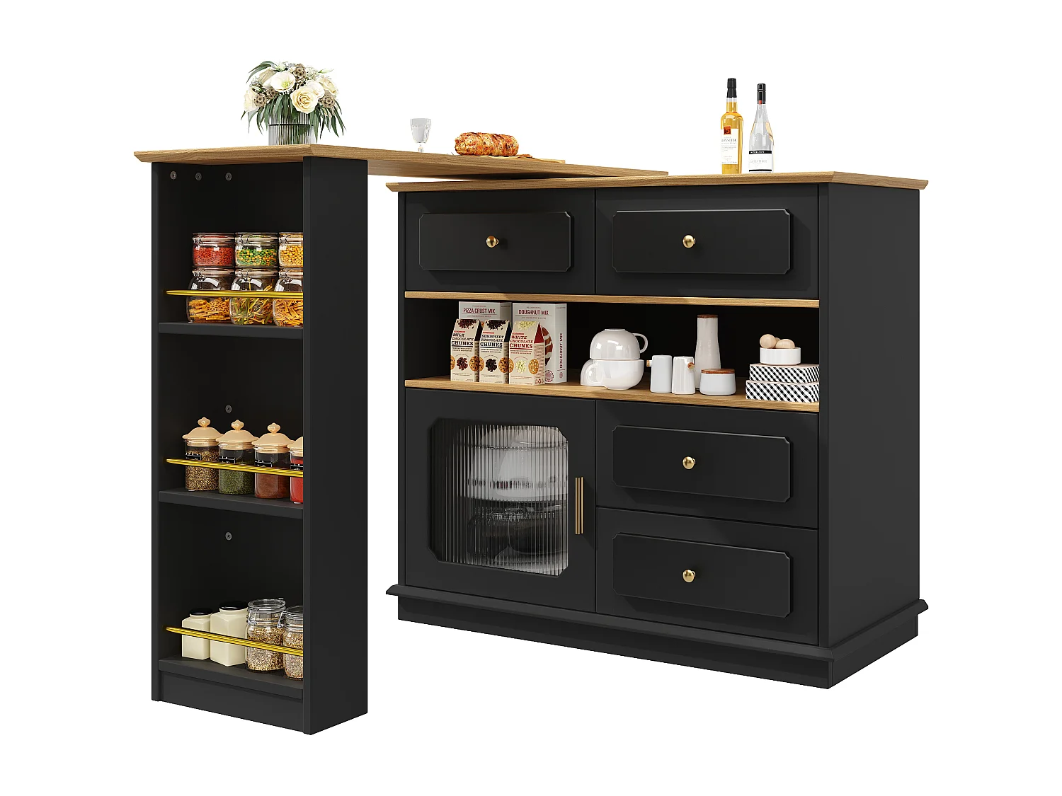 Meuble de bar pivotant avec 1 porte en verre, 1 niche et 4 tiroirs, corps noir, étagères inclus - 181x39x104.5cm