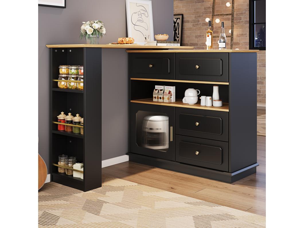 Draaibare barkast met 1 glazen deur, 1 nis en 4 lades, zwarte behuizing, inclusief planken - 181x39x104,5cm