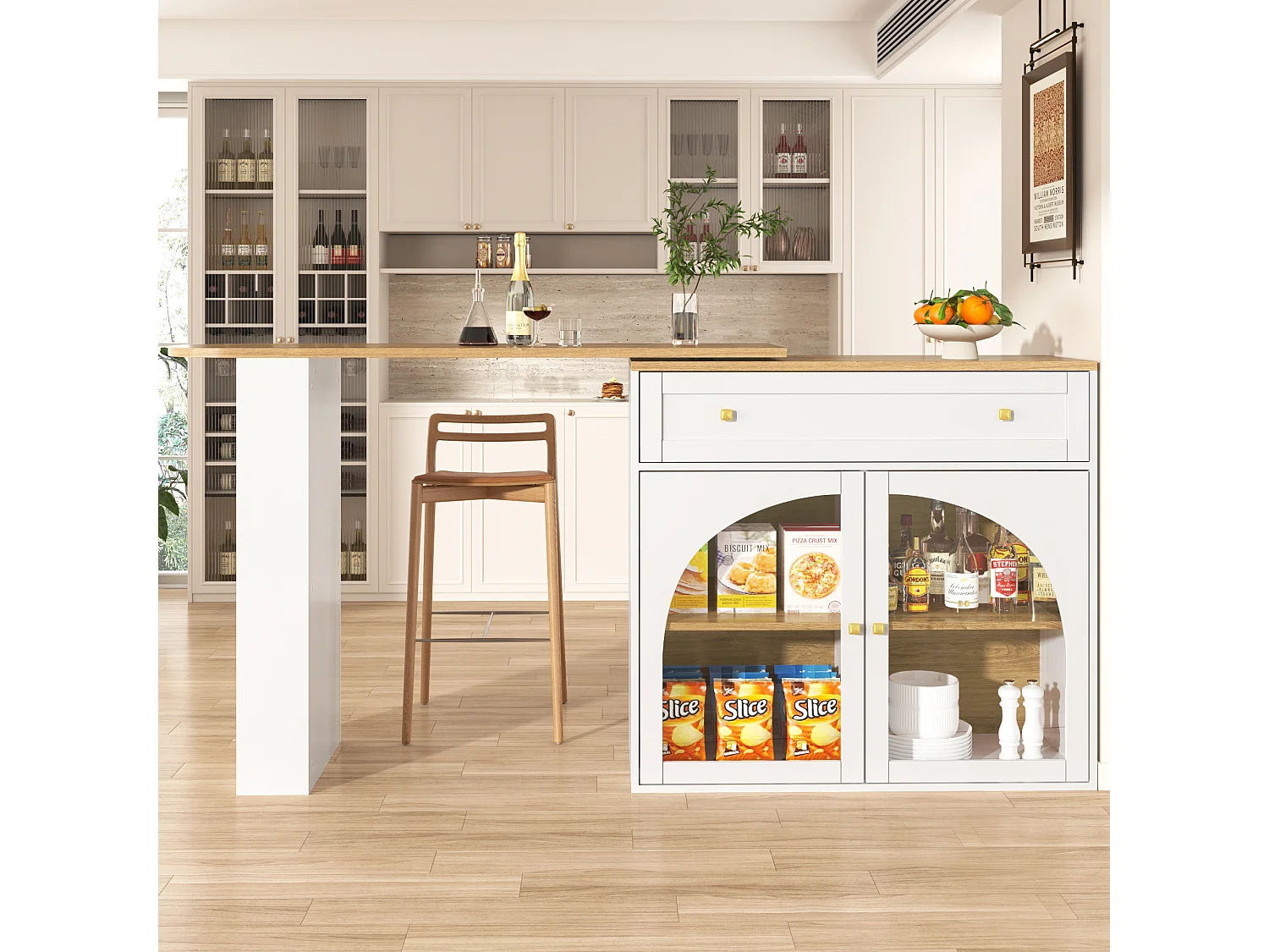 Mueble bar giratorio con 1 cajón ancho y 2 puertas de cristal, cuerpo blanco, estantes incluidos - 204x39x104cm