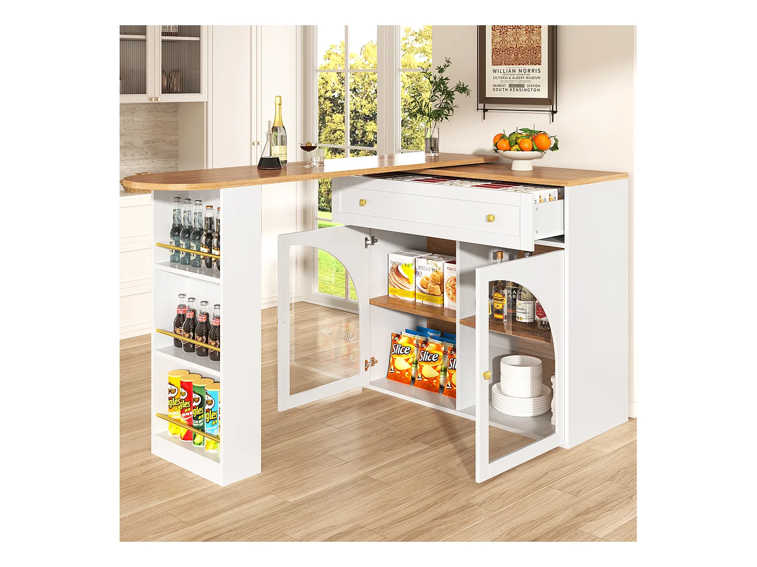 Meuble de bar pivotant avec 1 tiroir large et 2 portes en verre, corps blanc, étagères inclus - 204x39x104cm