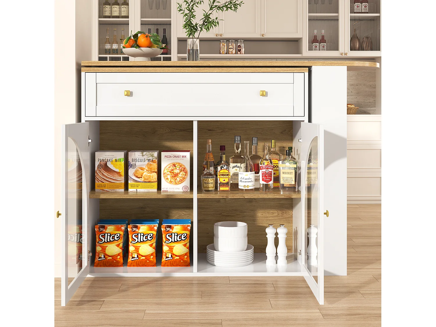 Meuble de bar pivotant avec 1 tiroir large et 2 portes en verre, corps blanc, étagères inclus - 204x39x104cm