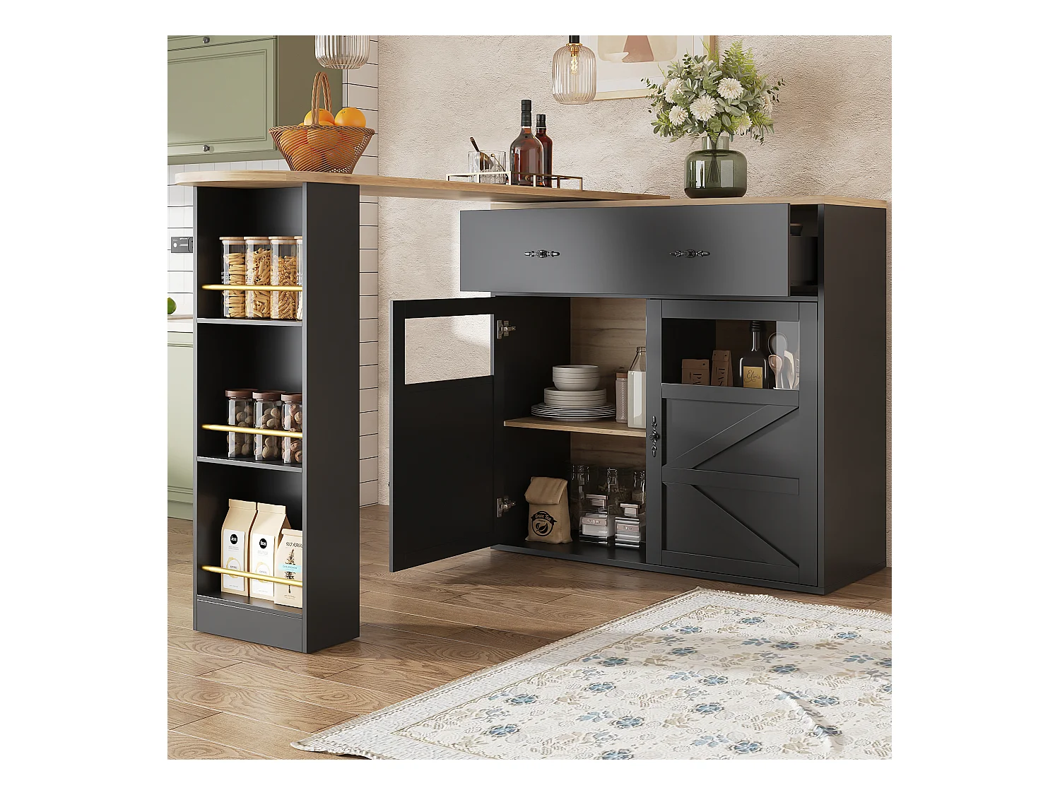 Meuble de bar pivotant avec 1 tiroir large et 2 portes, étagère latérale à trois niveaux inclus, noir - 204x39x104cm