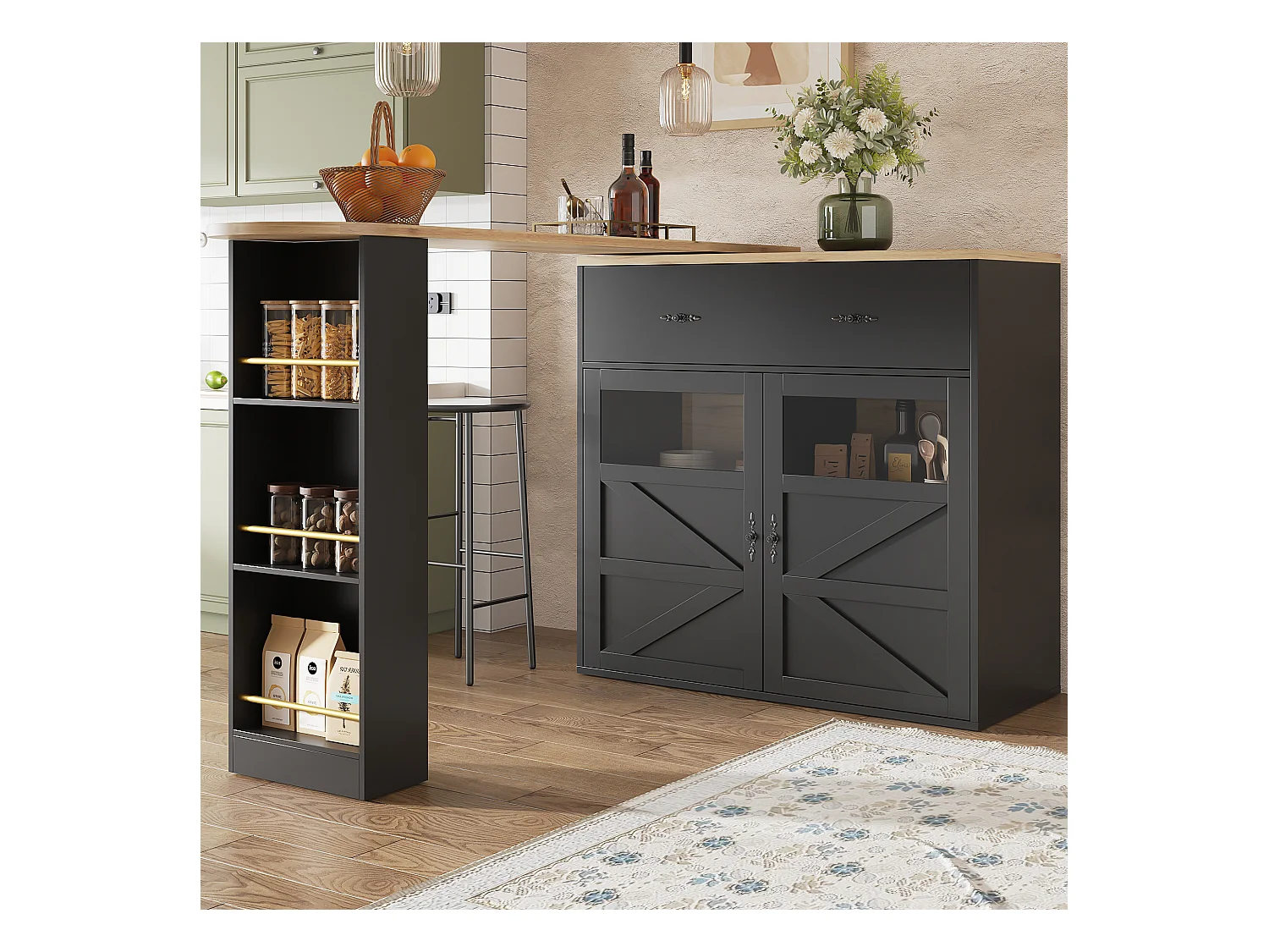 Meuble de bar pivotant avec 1 tiroir large et 2 portes, étagère latérale à trois niveaux inclus, noir - 204x39x104cm