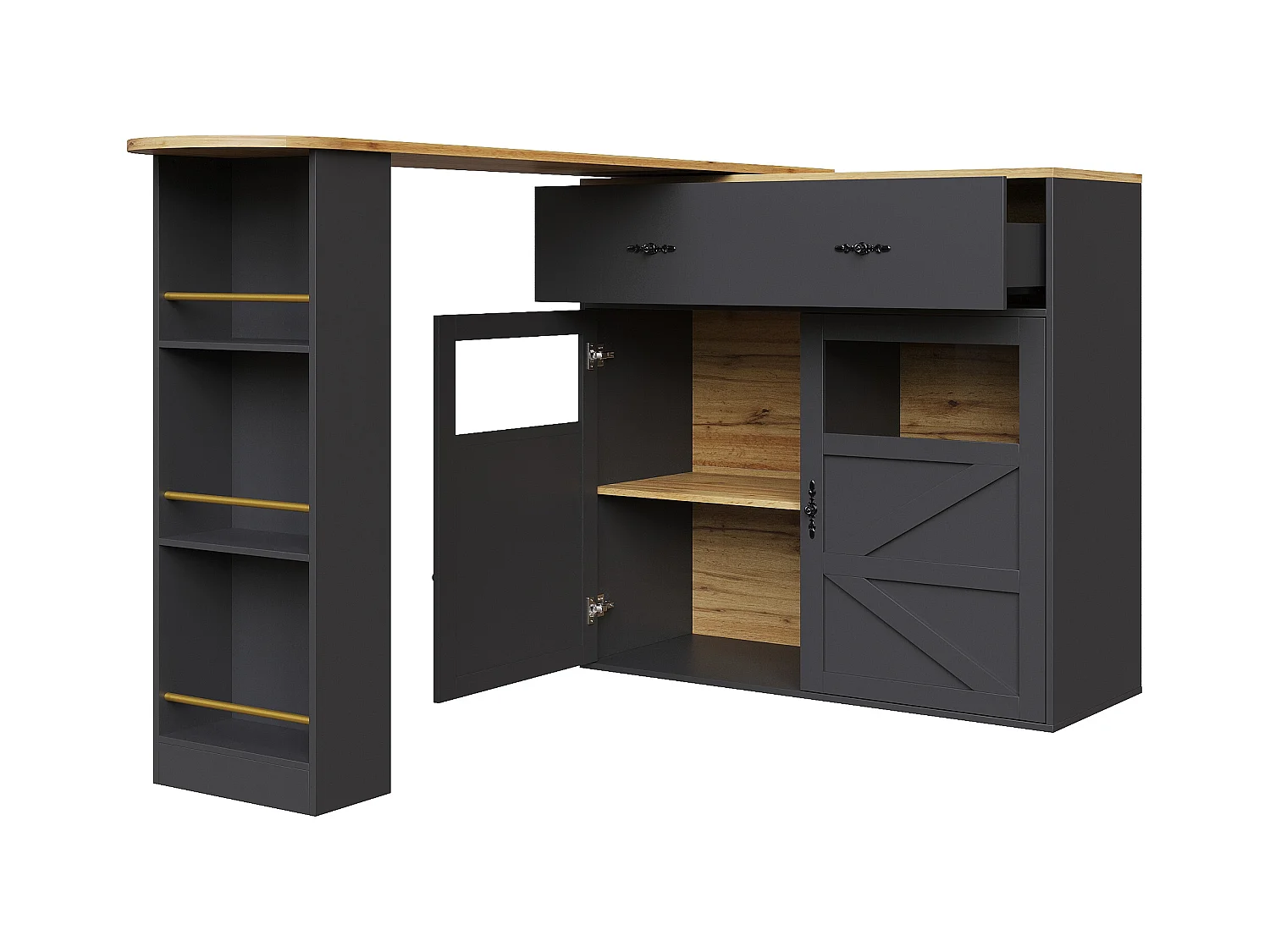 Meuble de bar pivotant avec 1 tiroir large et 2 portes, étagère latérale à trois niveaux inclus, noir - 204x39x104cm