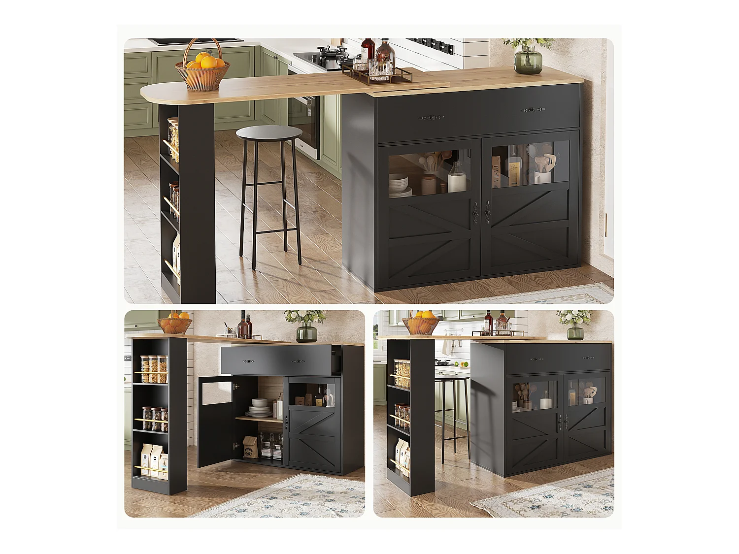 Meuble de bar pivotant avec 1 tiroir large et 2 portes, étagère latérale à trois niveaux inclus, noir - 204x39x104cm