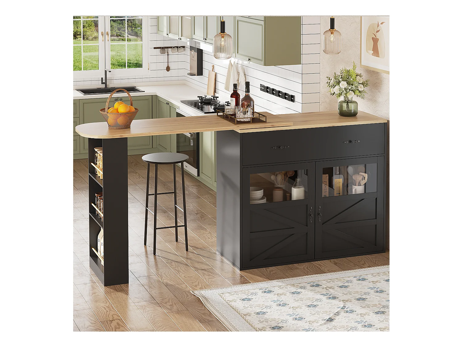 Meuble de bar pivotant avec 1 tiroir large et 2 portes, étagère latérale à trois niveaux inclus, noir - 204x39x104cm