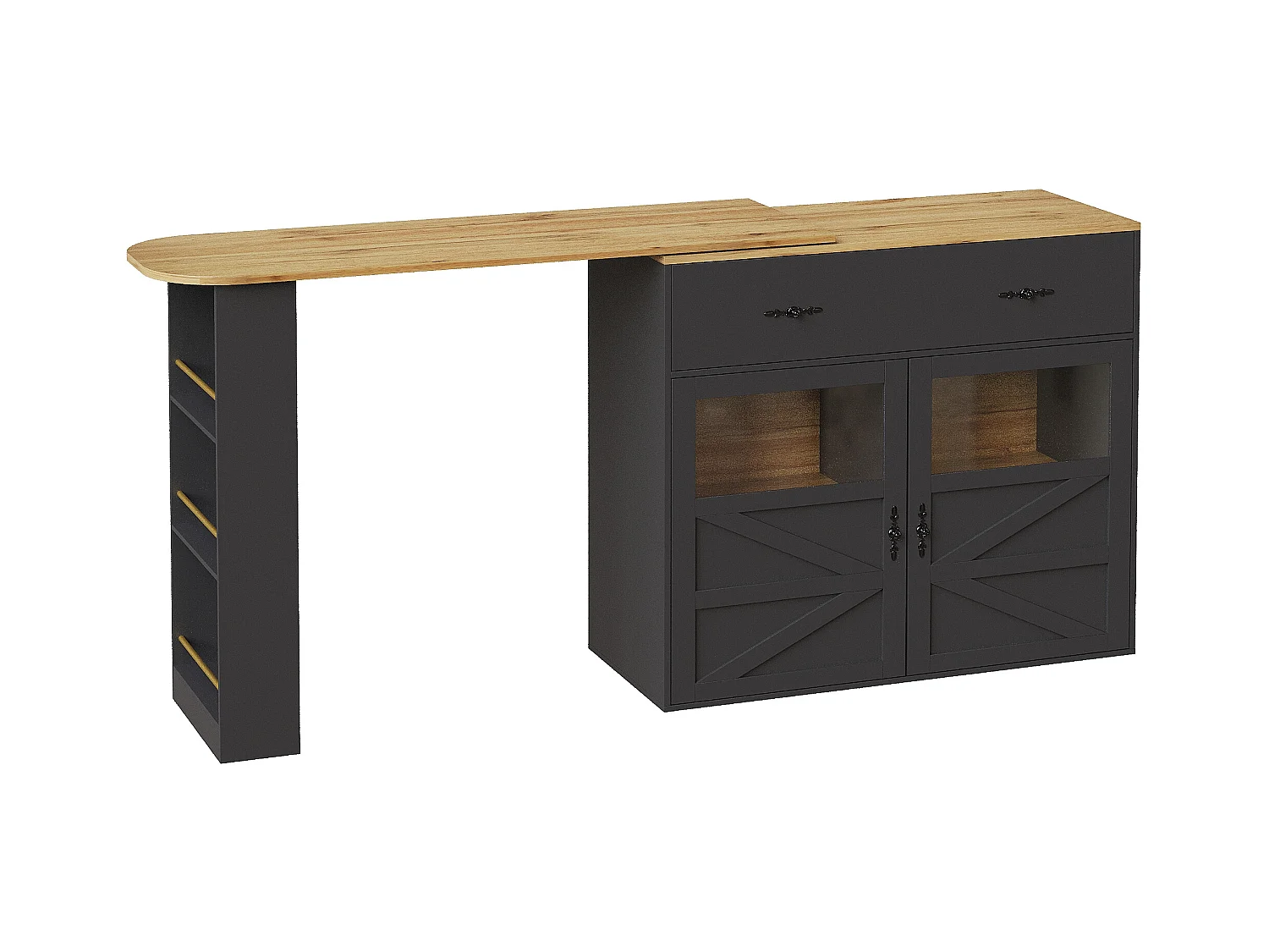 Meuble de bar pivotant avec 1 tiroir large et 2 portes, étagère latérale à trois niveaux inclus, noir - 204x39x104cm