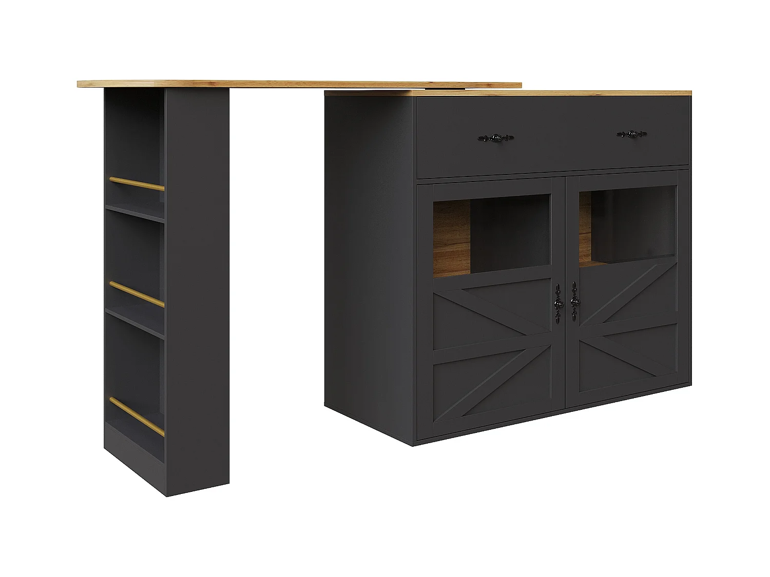 Meuble de bar pivotant avec 1 tiroir large et 2 portes, étagère latérale à trois niveaux inclus, noir - 204x39x104cm