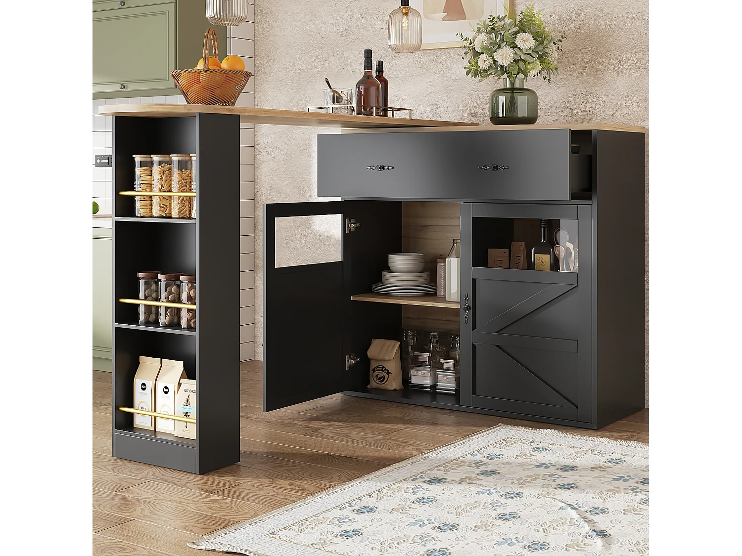 Meuble de bar pivotant avec 1 tiroir large et 2 portes, étagère latérale à trois niveaux inclus, noir - 204x39x104cm