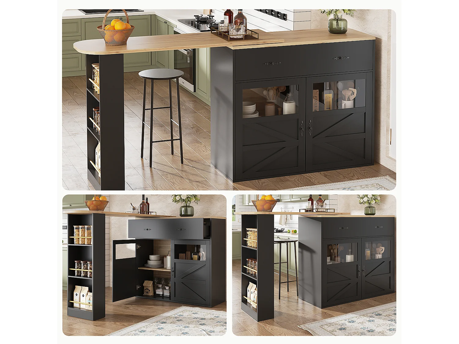 Meuble de bar pivotant avec 1 tiroir large et 2 portes, étagère latérale à trois niveaux inclus, noir - 204x39x104cm