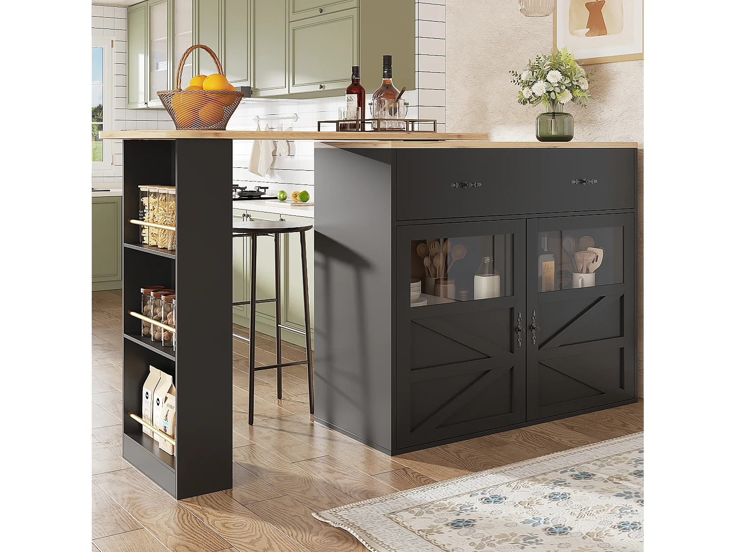 Meuble de bar pivotant avec 1 tiroir large et 2 portes, étagère latérale à trois niveaux inclus, noir - 204x39x104cm