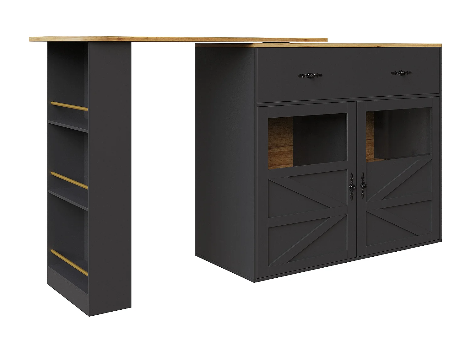 Meuble de bar pivotant avec 1 tiroir large et 2 portes, étagère latérale à trois niveaux inclus, noir - 204x39x104cm