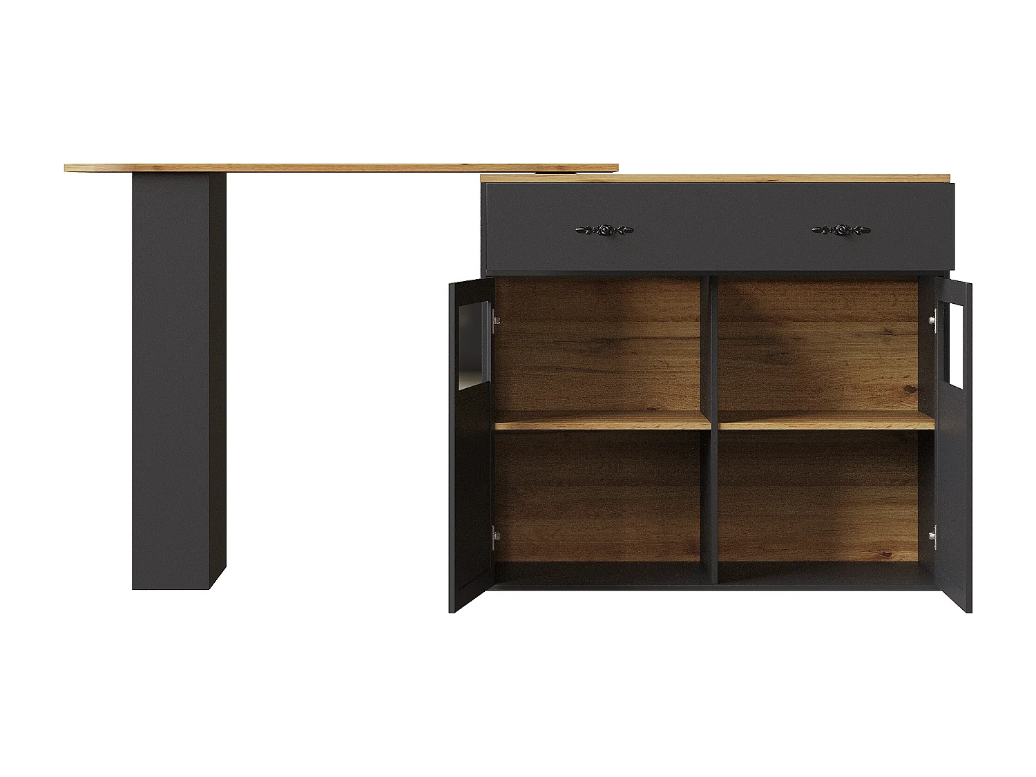 Meuble de bar pivotant avec 1 tiroir large et 2 portes, étagère latérale à trois niveaux inclus, noir - 204x39x104cm