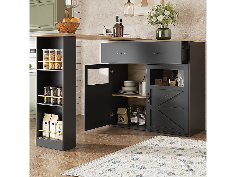 Meuble de bar pivotant avec 1 tiroir large et 2 portes, étagère latérale à trois niveaux inclus, noir - 204x39x104cm