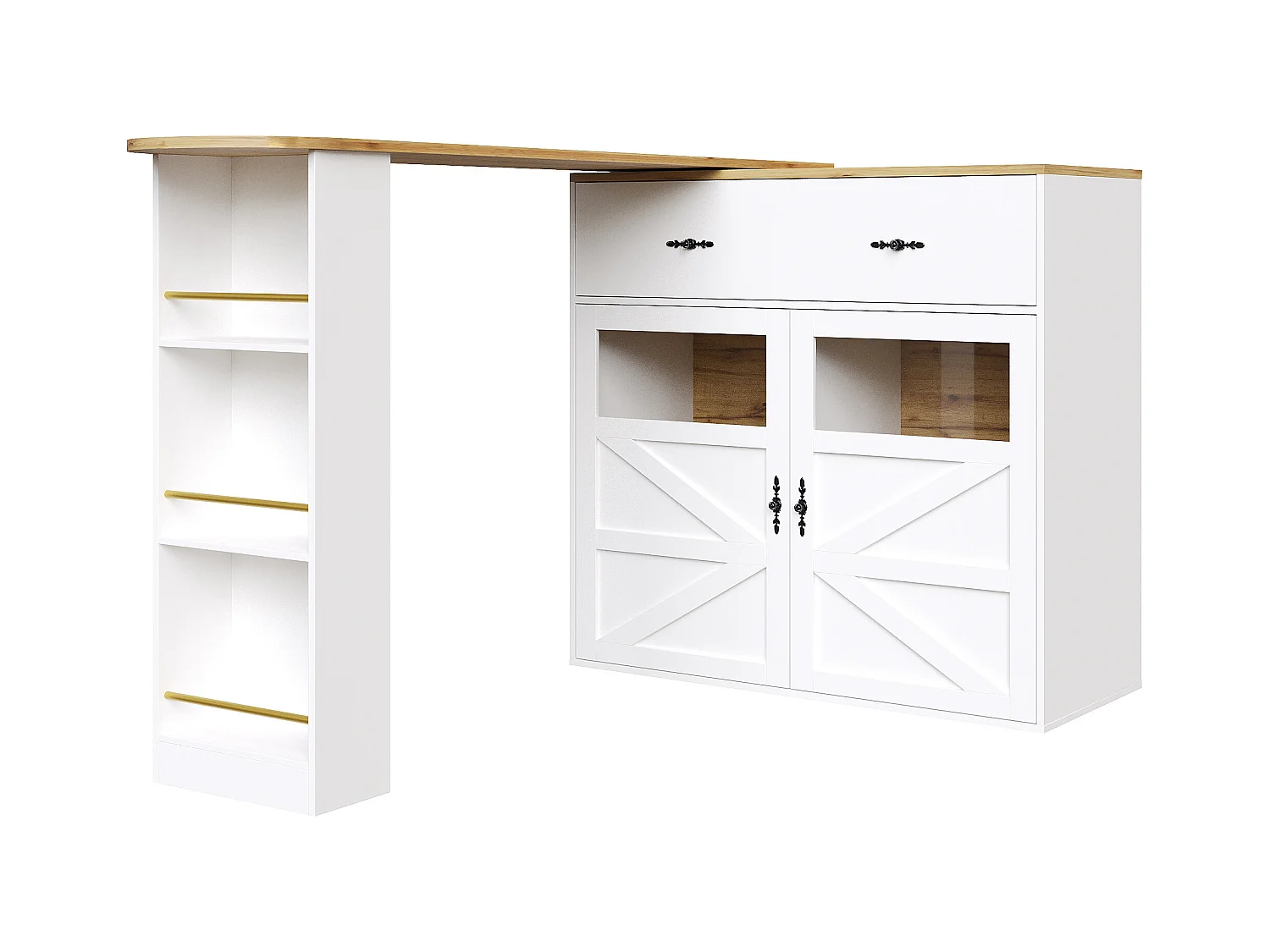 Draaibare barkast met 1 brede lade en 2 deuren, inclusief drielaags zijplank, wit - 204x39x104cm