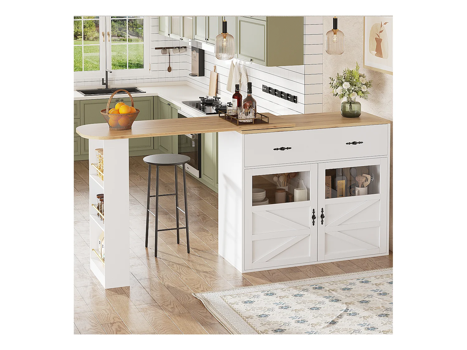 Draaibare barkast met 1 brede lade en 2 deuren, inclusief drielaags zijplank, wit - 204x39x104cm