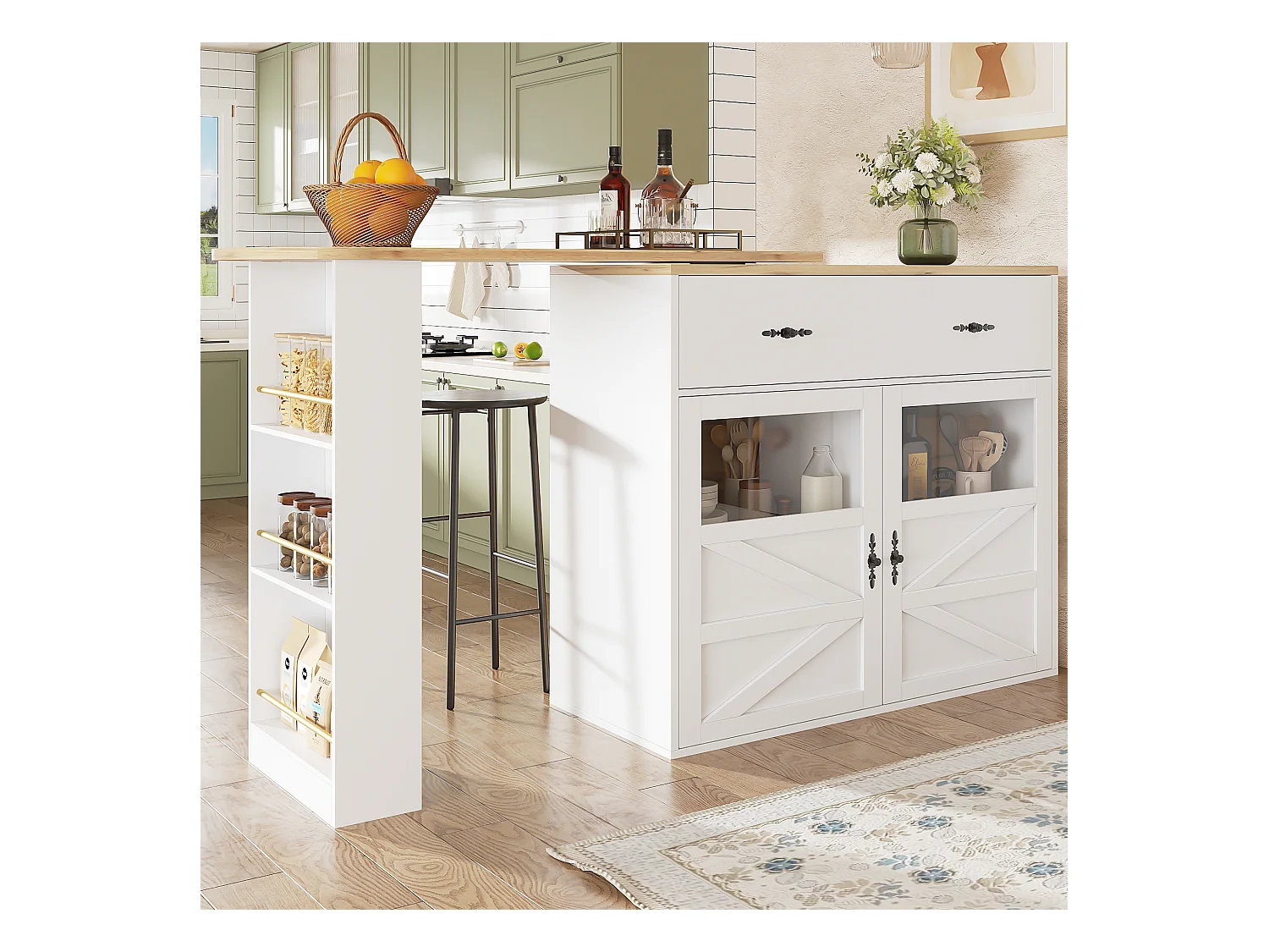 Draaibare barkast met 1 brede lade en 2 deuren, inclusief drielaags zijplank, wit - 204x39x104cm