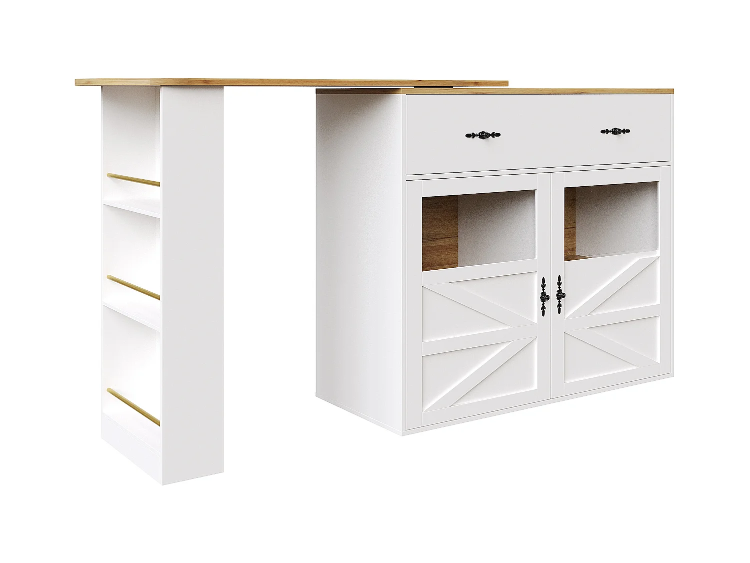 Draaibare barkast met 1 brede lade en 2 deuren, inclusief drielaags zijplank, wit - 204x39x104cm