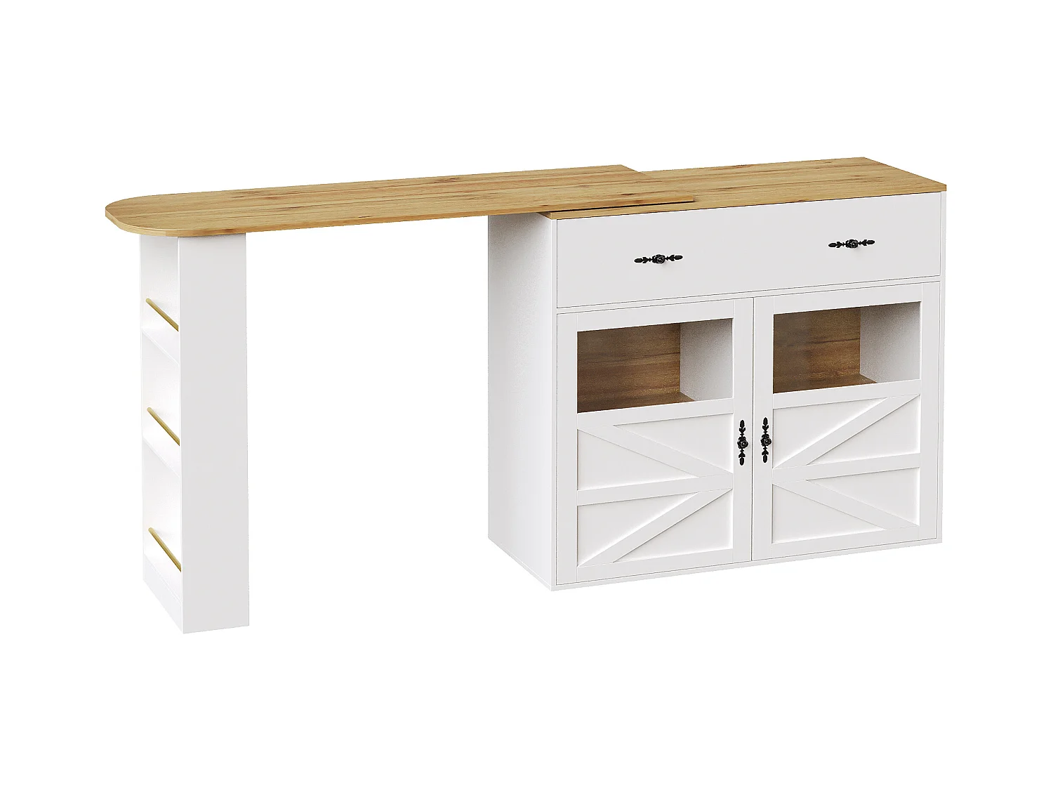 Draaibare barkast met 1 brede lade en 2 deuren, inclusief drielaags zijplank, wit - 204x39x104cm