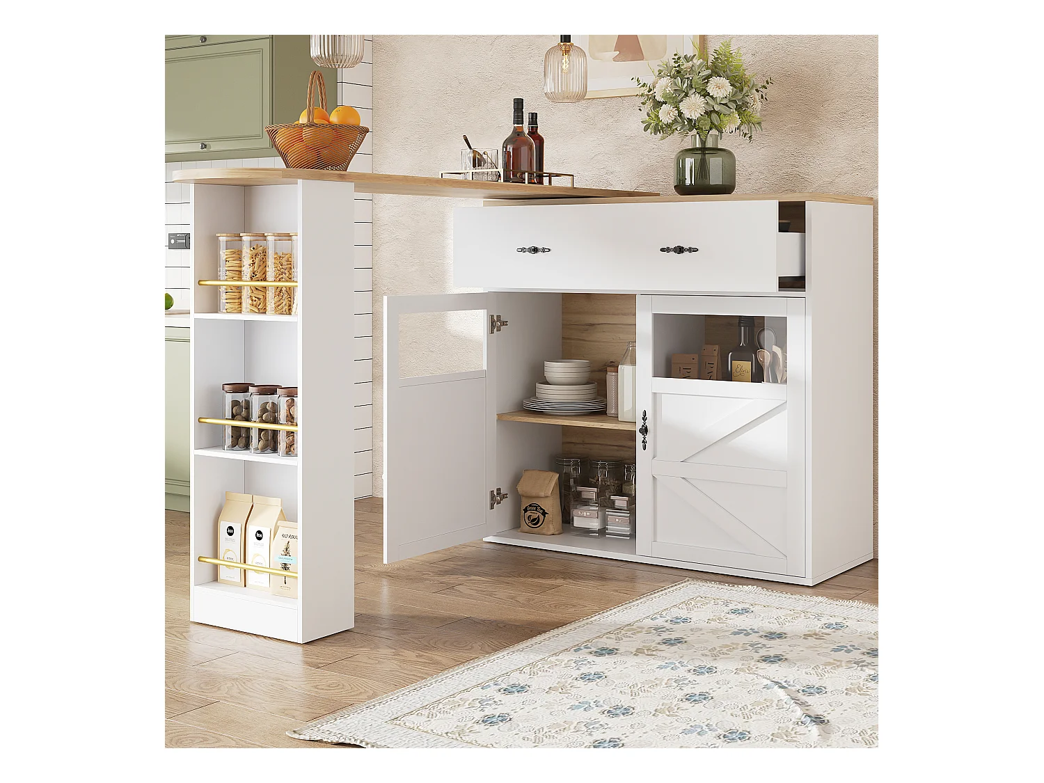 Meuble de bar pivotant avec 1 tiroir large et 2 portes, étagère latérale à trois niveaux inclus, blanc - 204x39x104cm