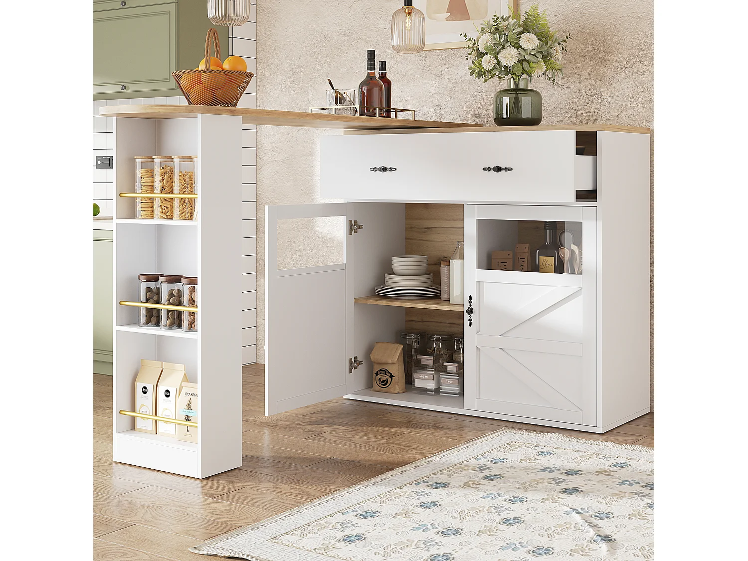 Meuble de bar pivotant avec 1 tiroir large et 2 portes, étagère latérale à trois niveaux inclus, blanc - 204x39x104cm