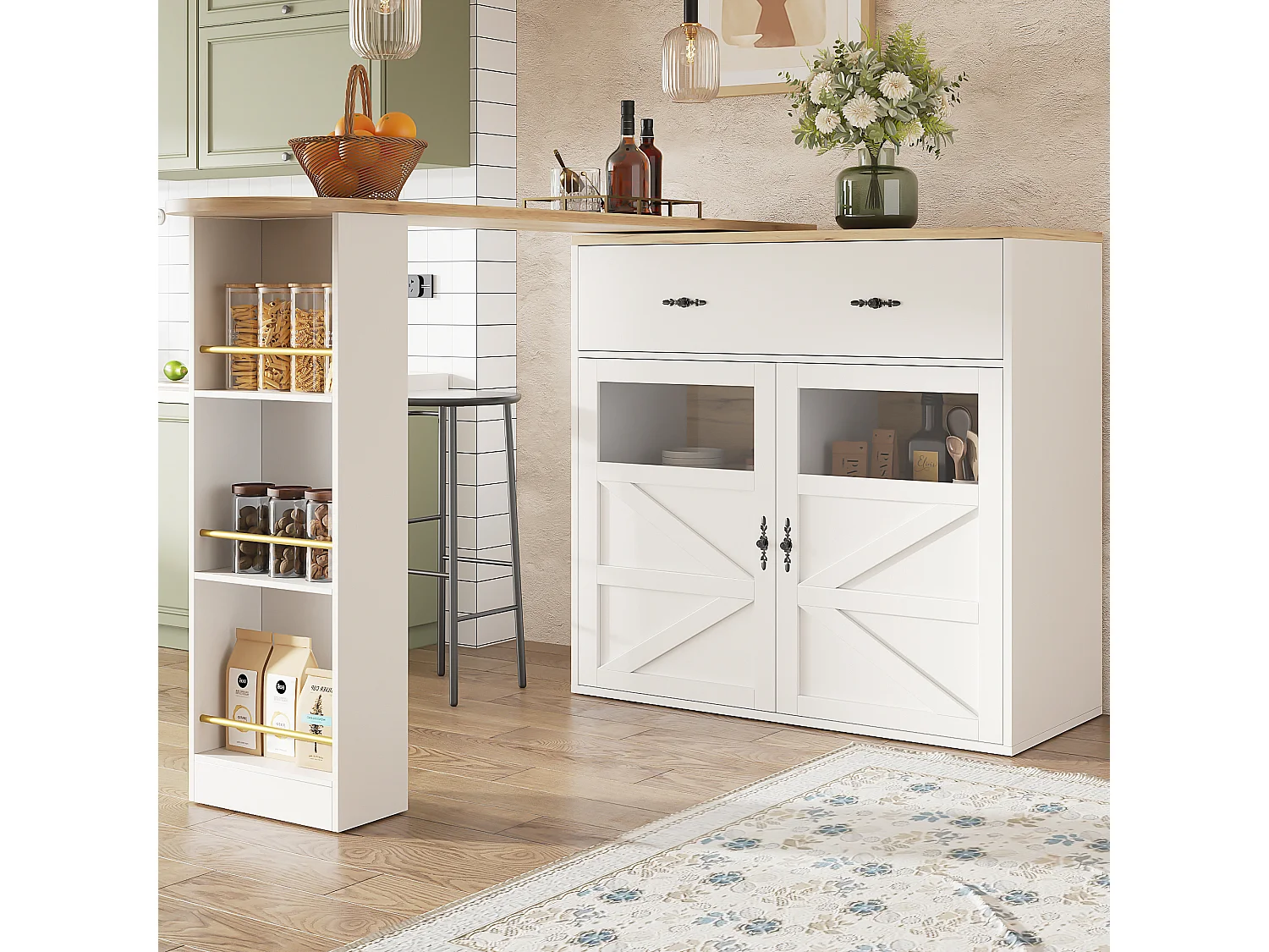 Meuble de bar pivotant avec 1 tiroir large et 2 portes, étagère latérale à trois niveaux inclus, blanc - 204x39x104cm