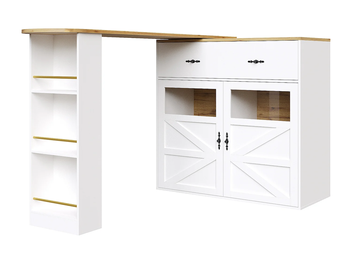 Meuble de bar pivotant avec 1 tiroir large et 2 portes, étagère latérale à trois niveaux inclus, blanc - 204x39x104cm