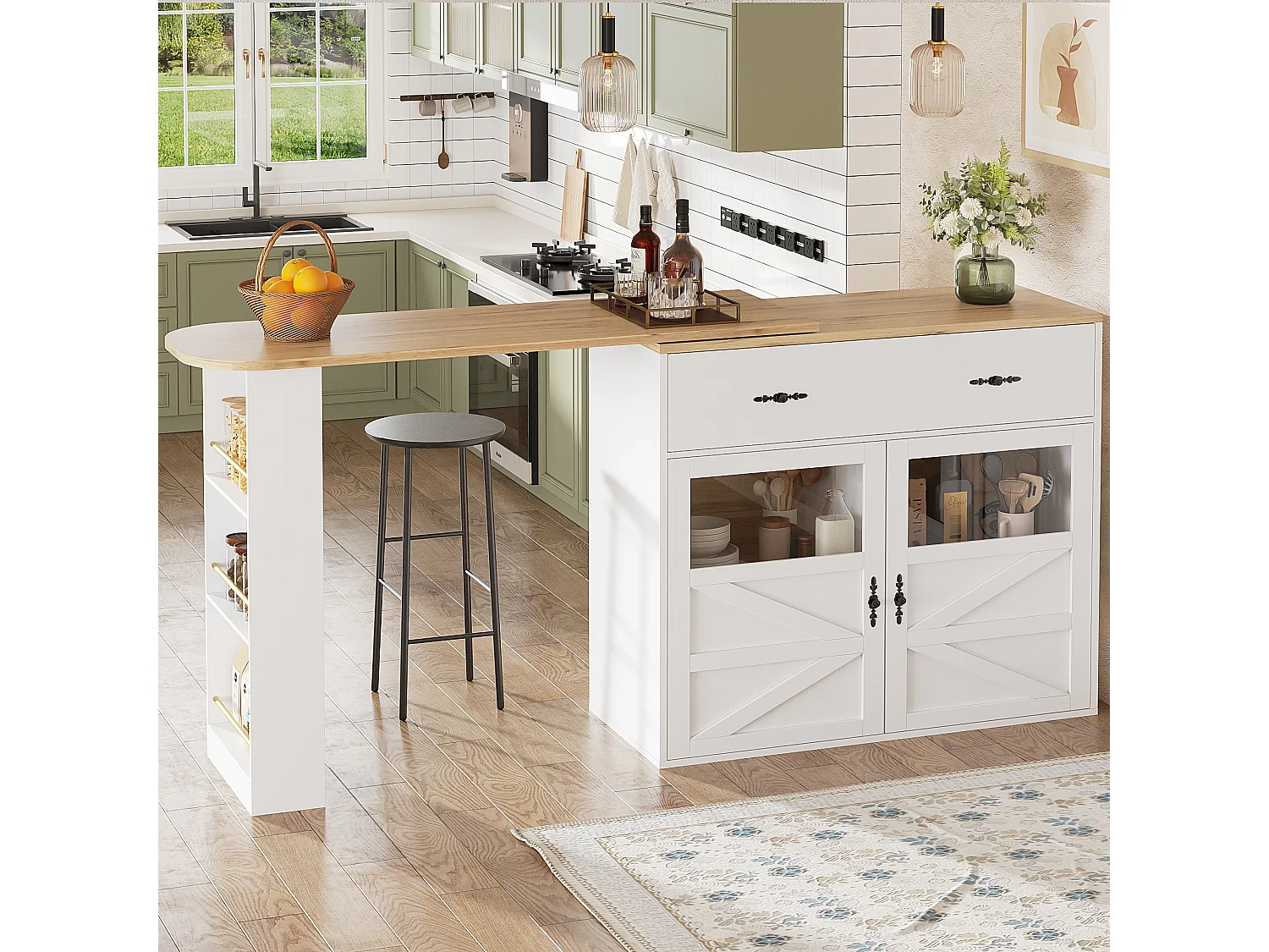 Meuble de bar pivotant avec 1 tiroir large et 2 portes, étagère latérale à trois niveaux inclus, blanc - 204x39x104cm