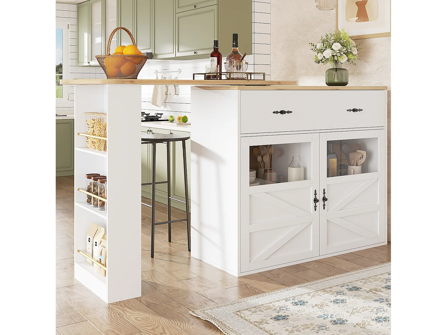 Meuble de bar pivotant avec 1 tiroir large et 2 portes, étagère latérale à trois niveaux inclus, blanc - 204x39x104cm