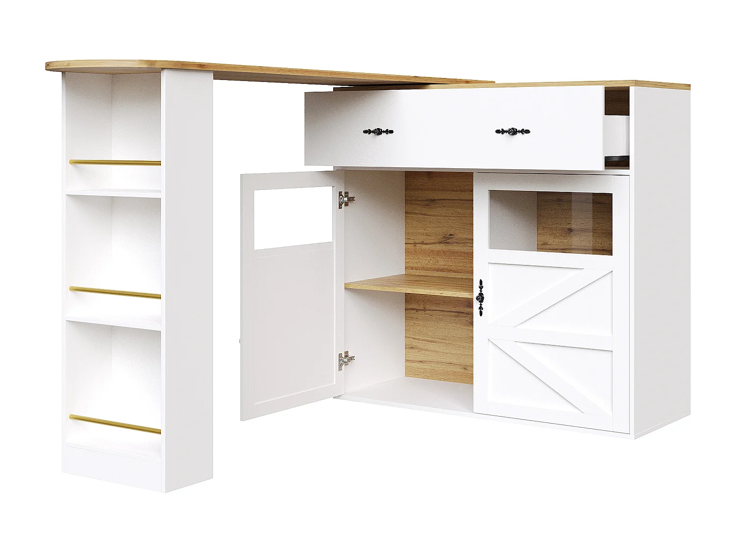 Meuble de bar pivotant avec 1 tiroir large et 2 portes, étagère latérale à trois niveaux inclus, blanc - 204x39x104cm