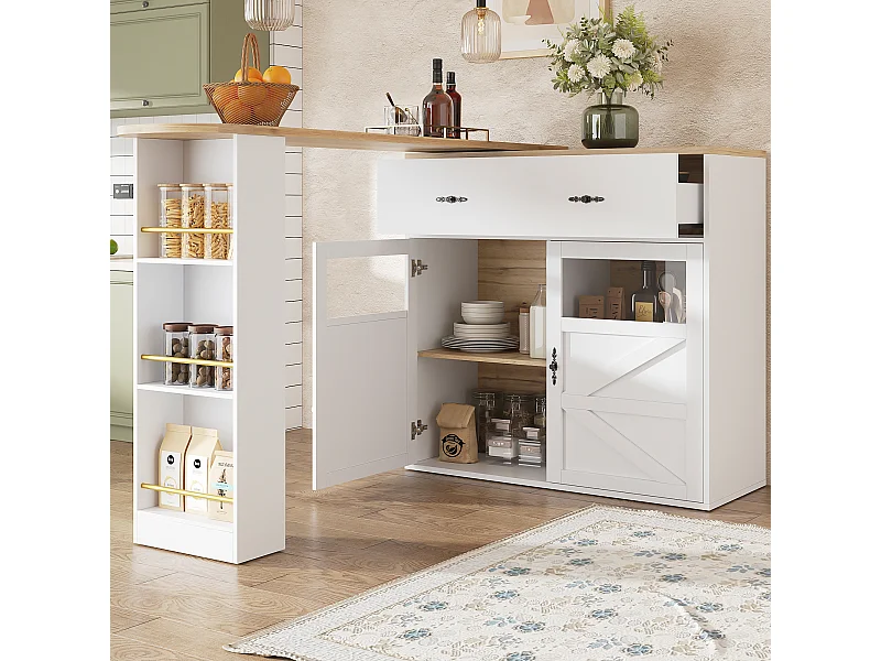 Meuble de bar pivotant avec 1 tiroir large et 2 portes, étagère latérale à trois niveaux inclus, blanc - 204x39x104cm