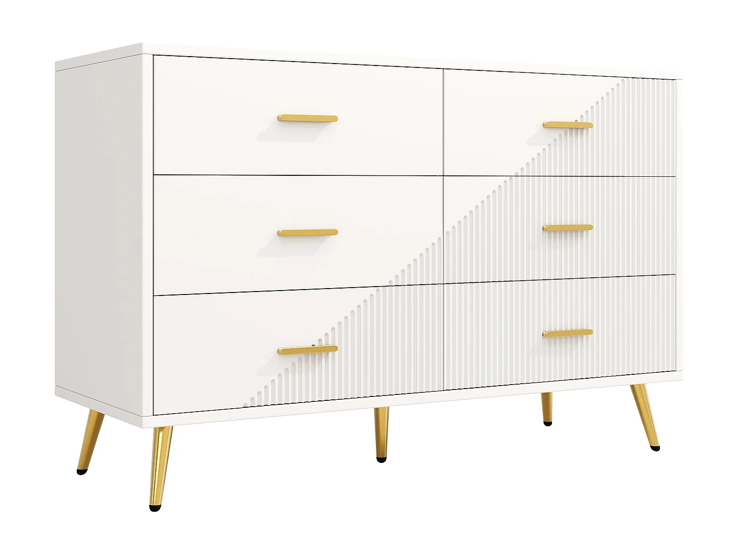 Aparador de cozinha com 6 gavetas, corpo branco, puxadores e pés em metal dourado - 120x40x75cm