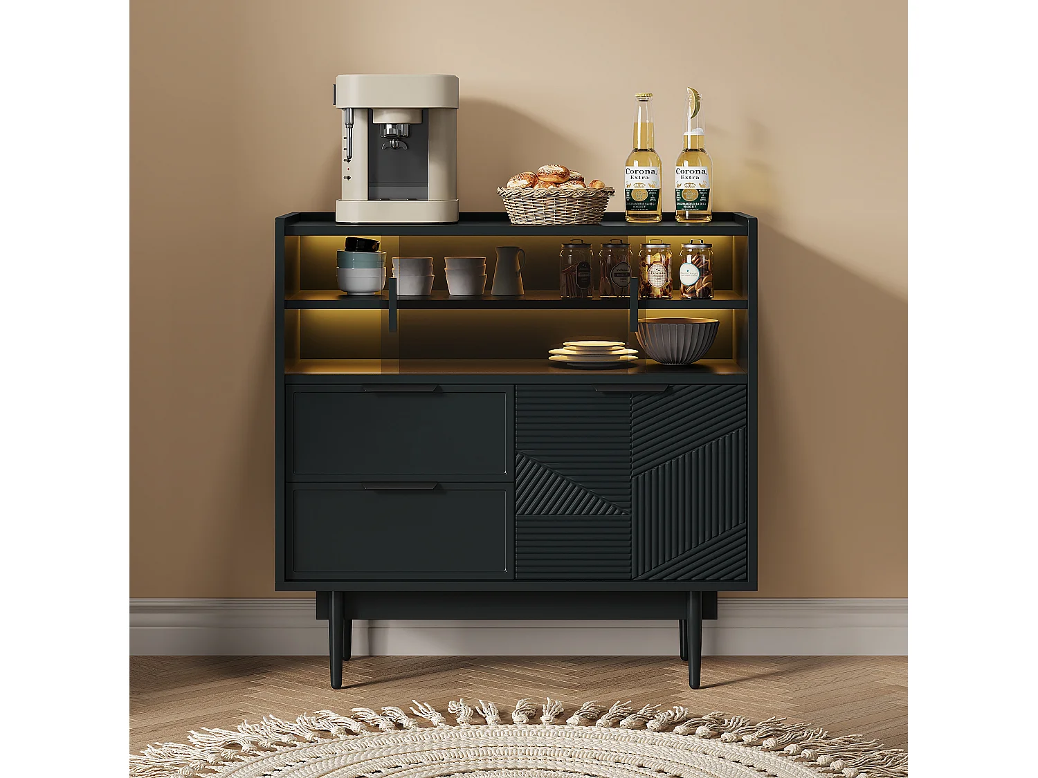 Dressoir 80x35x180cm met 3 deuren waarvan 2 schuifdeuren, 2 lades en LED, zwarte MDF body