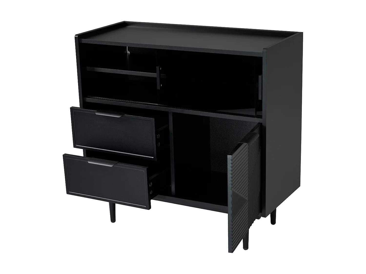 Dressoir 80x35x180cm met 3 deuren waarvan 2 schuifdeuren, 2 lades en LED, zwarte MDF body