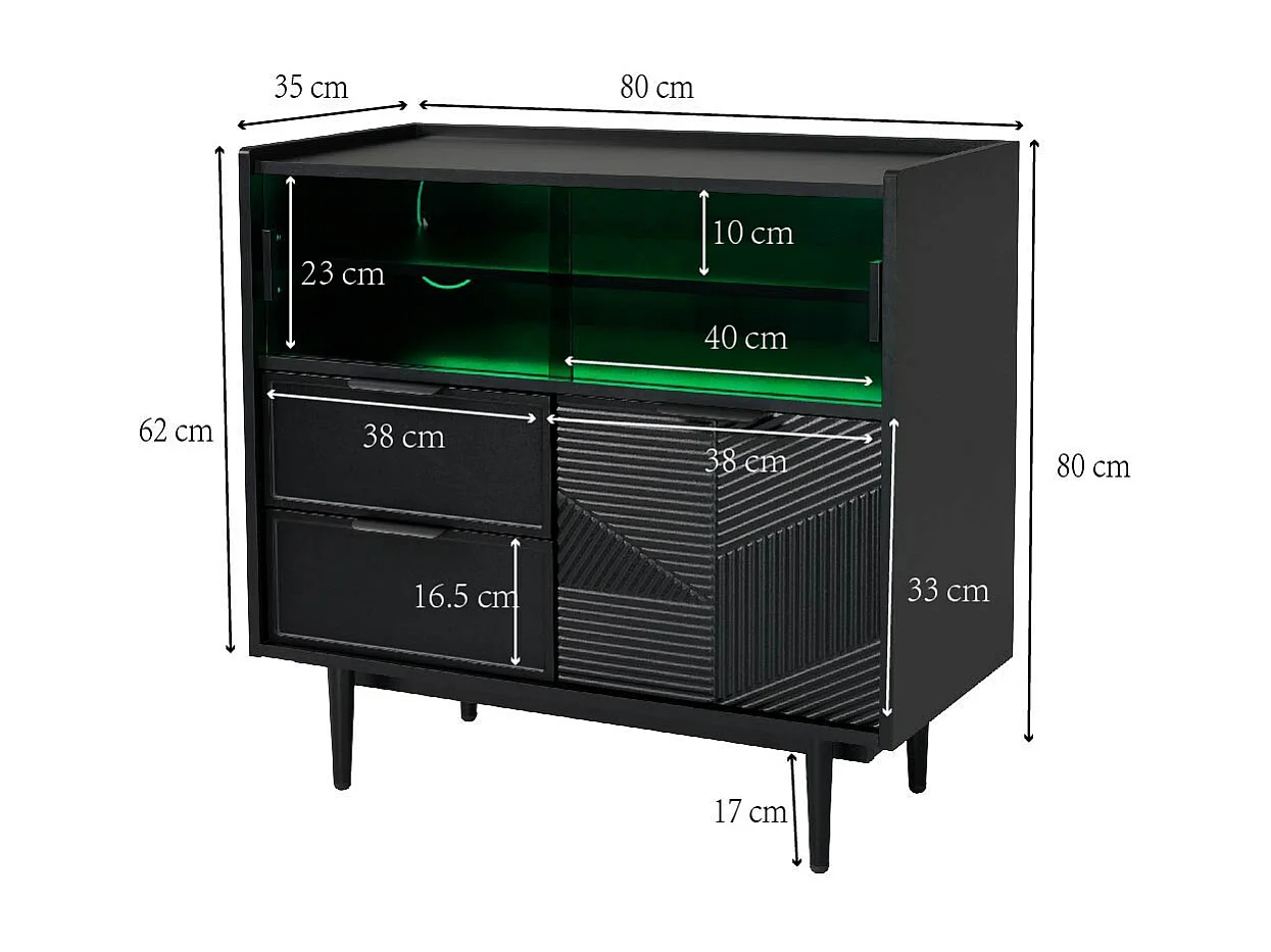 Dressoir 80x35x180cm met 3 deuren waarvan 2 schuifdeuren, 2 lades en LED, zwarte MDF body